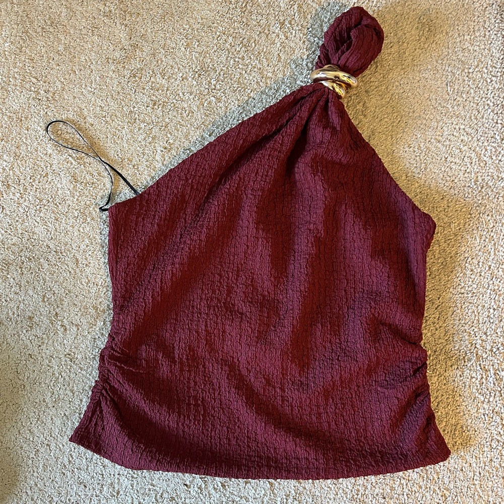 H&M One-Shoulder Burgundy Camisole with Gold Ring Detail